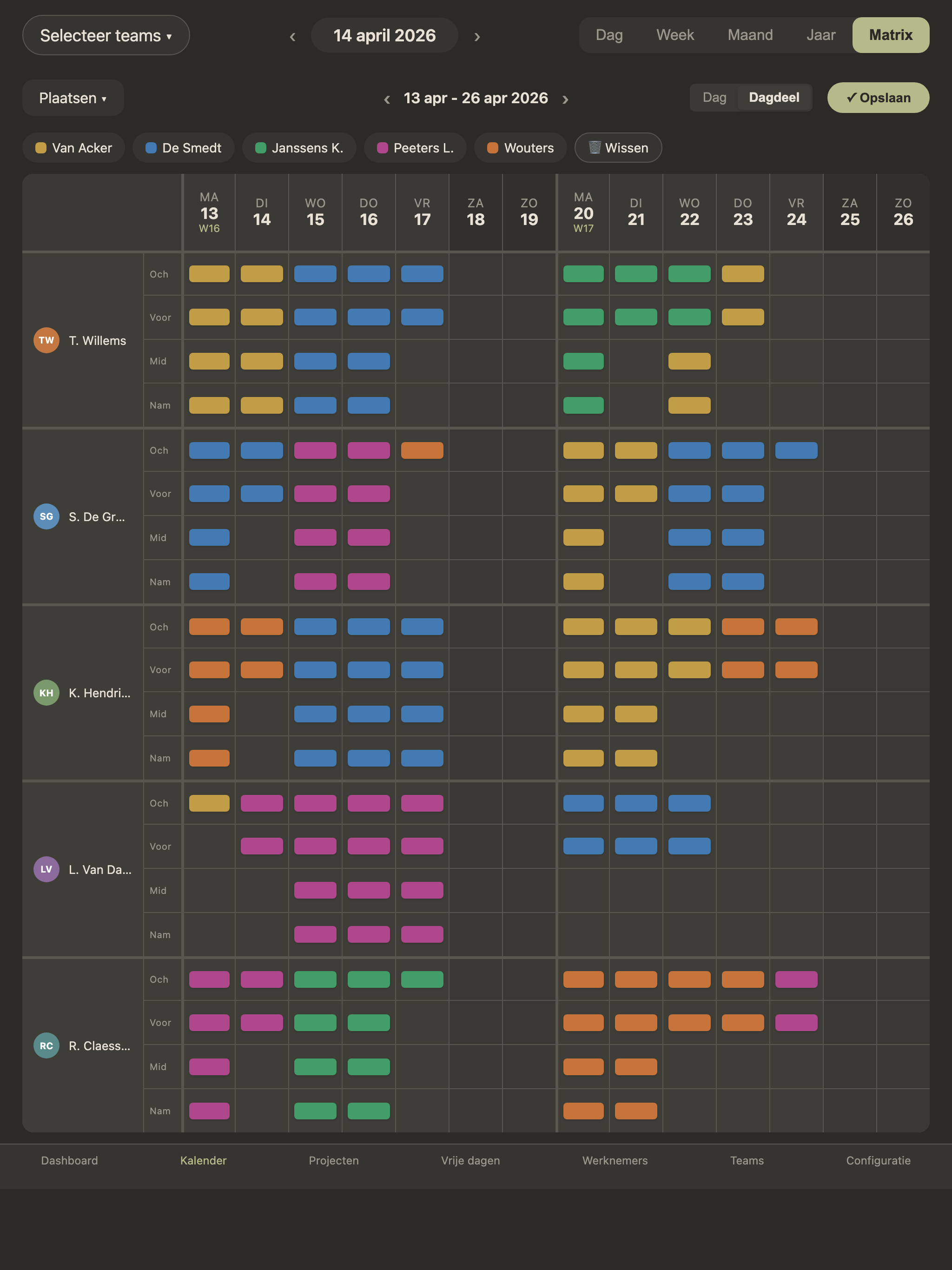 Matrixplanning in dagdeel-modus